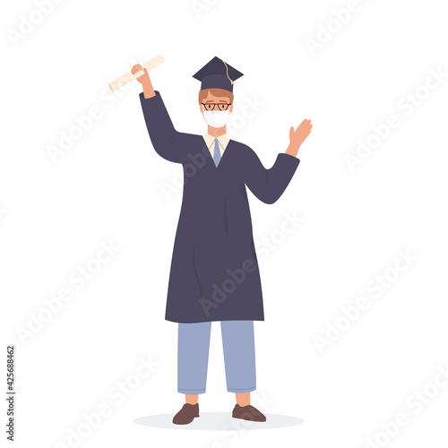 Happy caucasian student wearing face mask and celebrating graduation holding diploma. Smiling academic man in bachelor apparel raising hands isolated on white. Vector flat Joyous cartoon character.