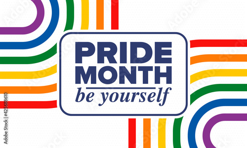 LGBTQIA Pride Month in June. Lesbian Gay Bisexual Transgender. Celebrated annual. LGBT flag. Rainbow love concept. Human rights and tolerance. Poster, card, banner and background. Vector illustration