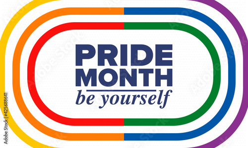 LGBTQIA Pride Month in June. Lesbian Gay Bisexual Transgender. Celebrated annual. LGBT flag. Rainbow love concept. Human rights and tolerance. Poster, card, banner and background. Vector illustration
