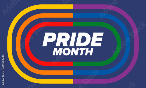 LGBTQIA Pride Month in June. Lesbian Gay Bisexual Transgender. Celebrated annual. LGBT flag. Rainbow love concept. Human rights and tolerance. Poster, card, banner and background. Vector illustration