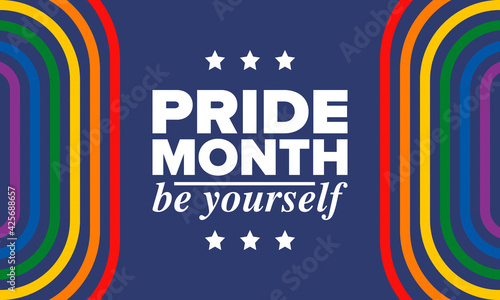 LGBTQIA Pride Month in June. Lesbian Gay Bisexual Transgender. Celebrated annual. LGBT flag. Rainbow love concept. Human rights and tolerance. Poster, card, banner and background. Vector illustration