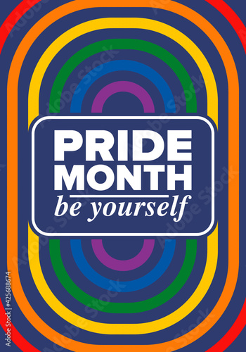 LGBTQIA Pride Month in June. Lesbian Gay Bisexual Transgender. Celebrated annual. LGBT flag. Rainbow love concept. Human rights and tolerance. Poster, card, banner and background. Vector illustration