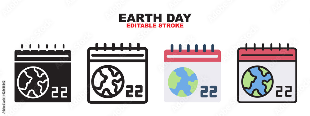 Earth Day icon set with different styles. Colored vector icons designed in filled, outline, flat, glyph and line colored. Editable stroke and pixel perfect. Can be used for web, mobile, ui and more.