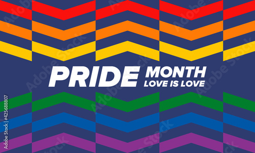 LGBTQIA Pride Month in June. Lesbian Gay Bisexual Transgender. Celebrated annual. LGBT flag. Rainbow love concept. Human rights and tolerance. Poster, card, banner and background. Vector illustration