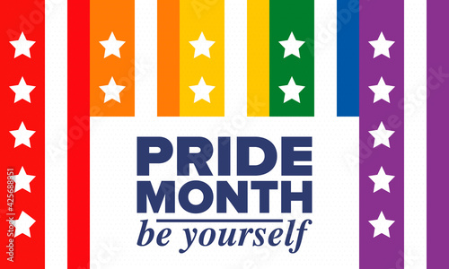 LGBTQIA Pride Month in June. Lesbian Gay Bisexual Transgender. Celebrated annual. LGBT flag. Rainbow love concept. Human rights and tolerance. Poster, card, banner and background. Vector illustration