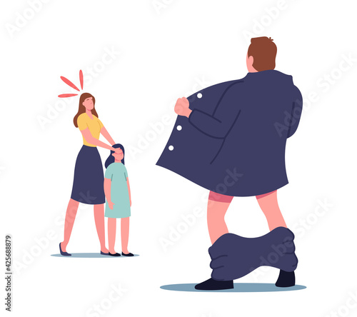 Sexual Disorder. Mother Character Cover Child Eyes Protecting from Exhibitionist, Pervert Flasher with Opened Cloak