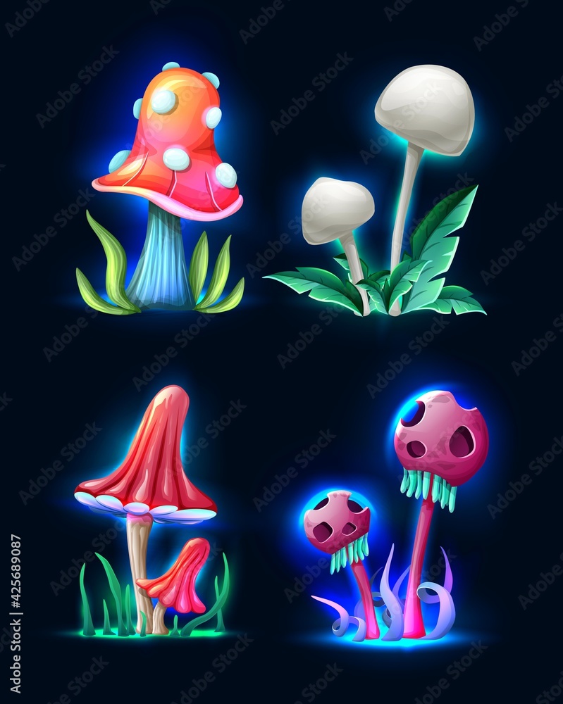 Collection of vector cartoon style magic fantasy  mushrooms glowing in the dark, isolated on white background. For web, video games, user interface, design printing.