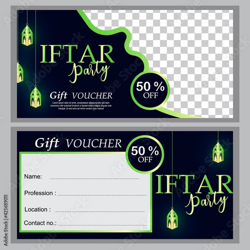 Iftar party invitations greeting card and banner. Gift Voucher Colorful. Use for cover, poster, flyer, brochure, label, voucher, sale template.
