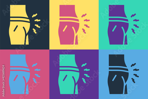 Pop art Abdominal bloating icon isolated on color background. Constipation or diarrhea. Vector