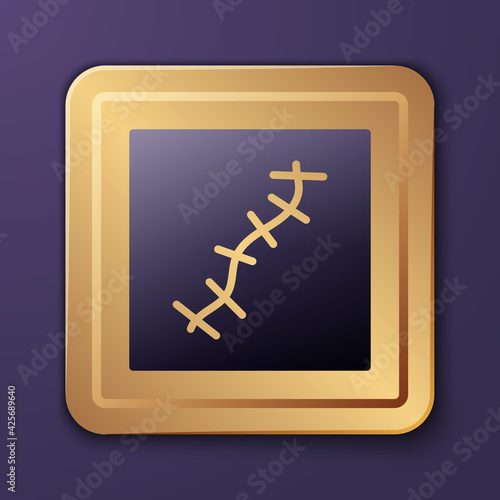 Purple Scar with suture icon isolated on purple background. Gold square button. Vector