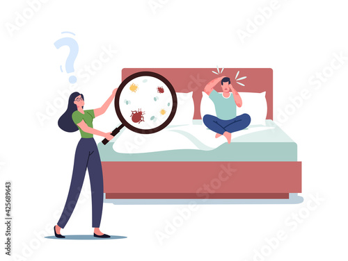Female Character with Huge Magnifier Looking on Bed Bugs Living in Linen. Man with Red Spots on Skin Sitting on Bed