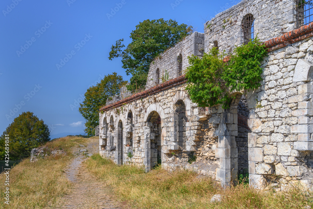 Ruins of an ancient fortress high in the mountains on a summer day. The historic stone walls of the fort are set against the backdrop of rich green trees and clear blue skies. New Athos (Abkhazia) 