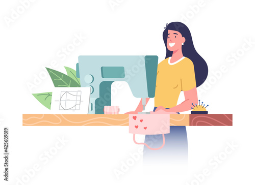 Female Character Sewing Medical Face Masks at Home during Covid19 Pandemic Quarantine Self Isolation. Woman Designer