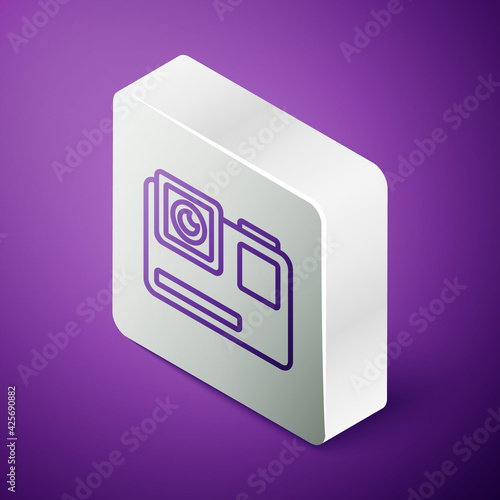 Isometric line Action extreme camera icon isolated on purple background. Video camera equipment for filming extreme sports. Silver square button. Vector Illustration