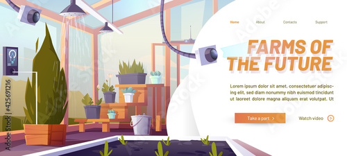 Farms of the future cartoon landing page. Smart futuristic technologies in farming industry. Digital devices in greenhouse automatically control plants growth and watering system, vector web banner