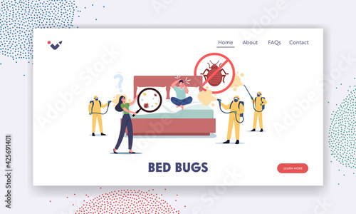 Characters Suffering of Bed Bugs Landing Page Template. Professional Pest Control Service Exterminators in Hazmat Suits