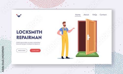 Locksmith Repairman Landing Page Template. Construction Repairing Service, Call Master Male Character Presenting Door