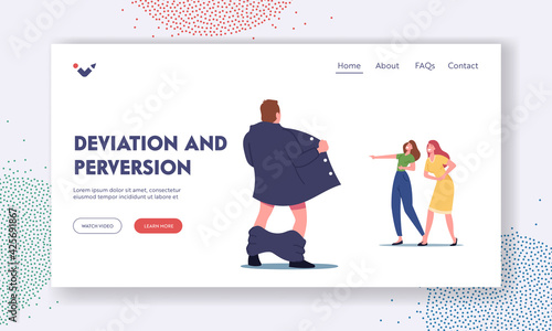 Deviation and Perversion Landing Page Template. Male Exhibitionist Character with Opened Cloak Suddenly Jump Out