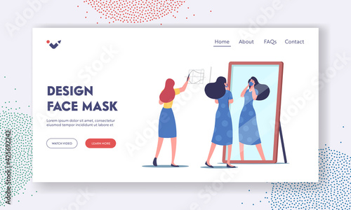 Handmade Diy Face Mask Design Landing Page Template. Female Character Cut Out and Sewing Medical Masks at Home