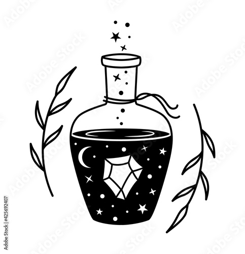 Boho potion bottle silhouette. mystical, magic jar with crystal, poison or elixir. Witchcraft symbol. Alchemy vector illustration