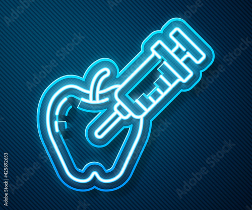 Glowing neon line Genetically modified apple icon isolated on blue background. GMO fruit. Syringe being injected to apple. Vector