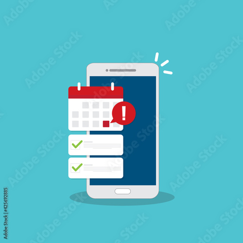 Mobile phone calendar with important deadline date and task list or smartphone with event appointment. Online scheduled agenda on cellphone.