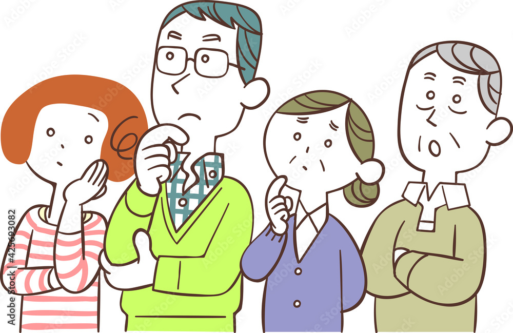 考え事をする若い夫婦とシニアの夫婦
