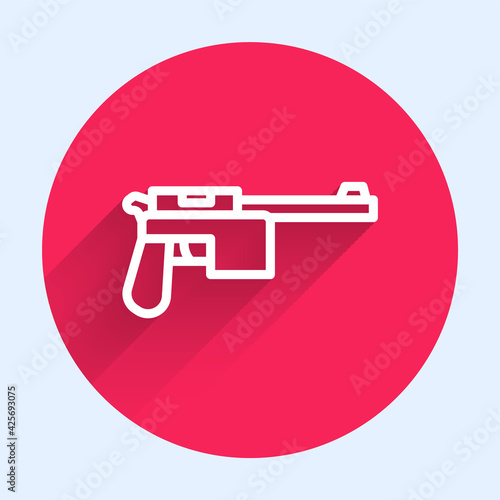 White line Mauser gun icon isolated with long shadow. Mauser C96 is a semi-automatic pistol. Red circle button. Vector