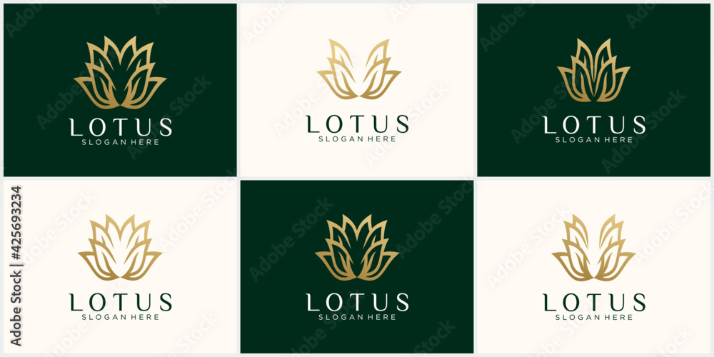 Set creative abstract lotus logo Nature abstract luxury logo with line art style and business card, flower logo circle abstract design template. lotus spa - obrazy, fototapety, plakaty 