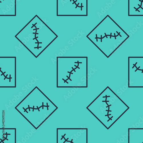 Black line Scar with suture icon isolated seamless pattern on green background. Vector
