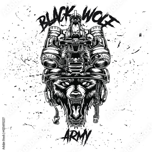 The wolf uses a tactical army helmet on top of the white begroun