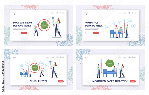 Dengue Fever Sickness Spreading with Mosquitoes Landing Page Template Set. Diseased Patient Lying in Medical Bed