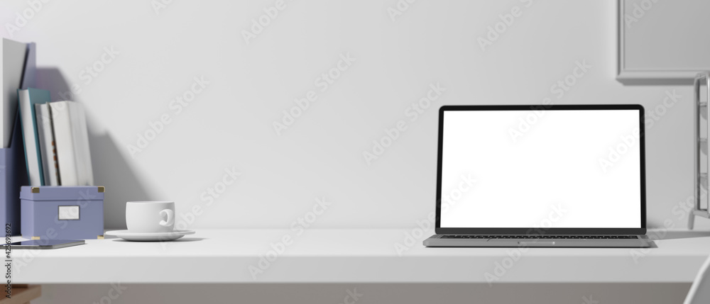 3D rendering, workspace with laptop, cup, office supplies, decorations and copy space in offie room, clipping path 3D rendering, workspace with laptop, cup, office supplies, decorations and copy space in offie room, clipping path