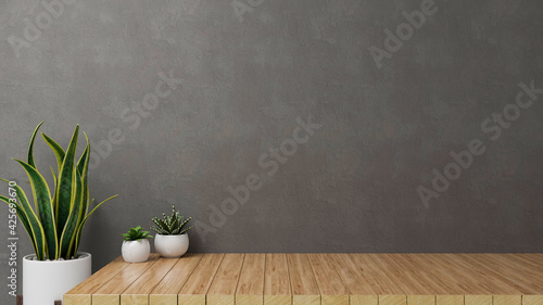 3D render, home decorations with houseplants pots and copy space on wooden table with grey loft wall background