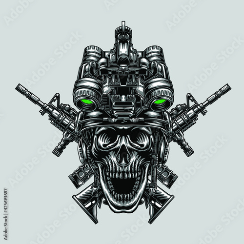 The skull uses a special tactical helmet and weapons