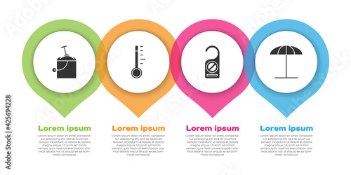 Set Sand in bucket with shovel, Meteorology thermometer, Please do not disturb and Sun protective umbrella for beach. Business infographic template. Vector