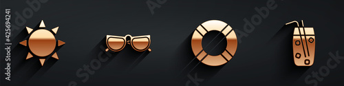 Set Sun, Glasses, Lifebuoy and Cocktail and alcohol drink icon with long shadow. Vector