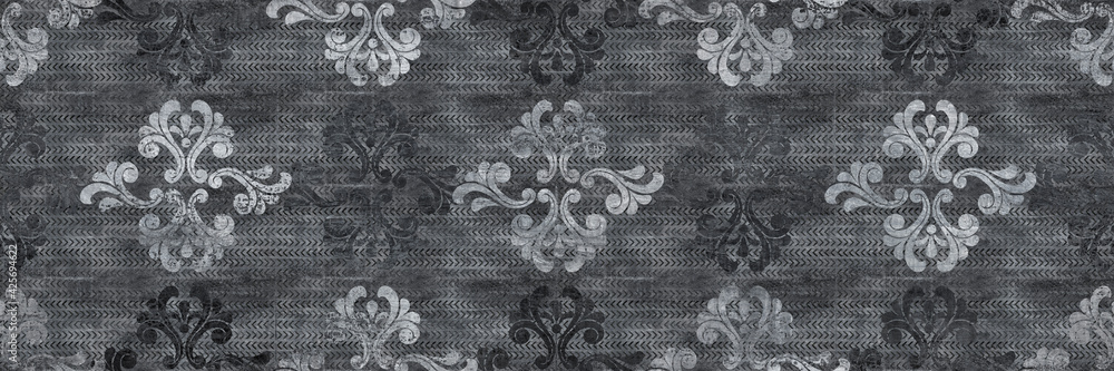 black damask pattern and cement texture background - obrazy, fototapety, plakaty 