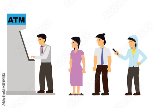 Businessman queuing for ATM machine to withdraw cash.