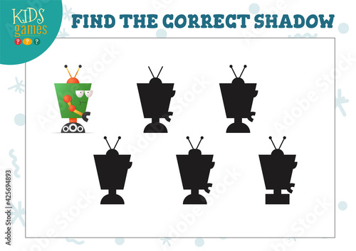 Find the correct shadow for cute cartoon robot educational preschool kids mini game