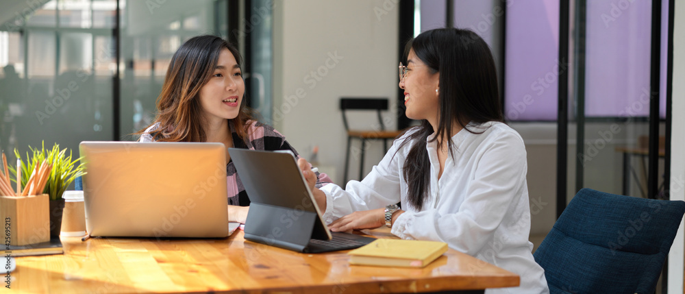 Two female students having conversation while doing group assignment with laptops Two female students having conversation while doing group assignment with laptops