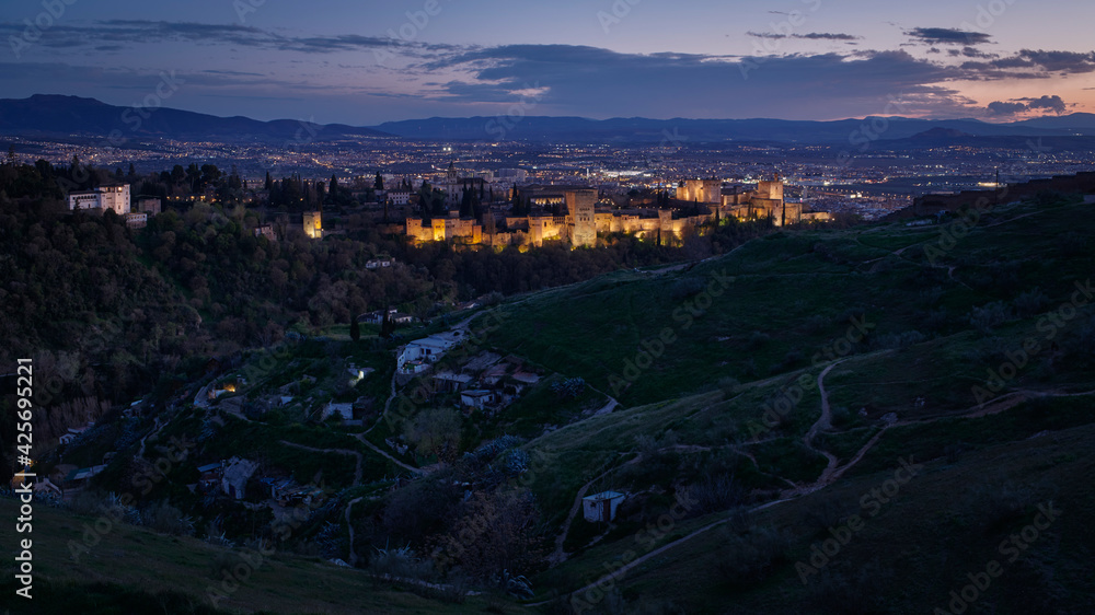 Photograph of the Alhambra at dusk from San Miguel, Granada, Spain.