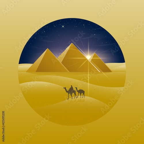 A camel rider near the Giza pyramid in the desert, Egypt at night.