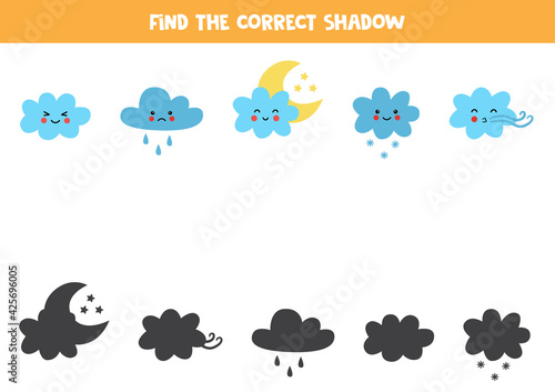 Find the correct shadows of cute clouds. Logical puzzle for kids.