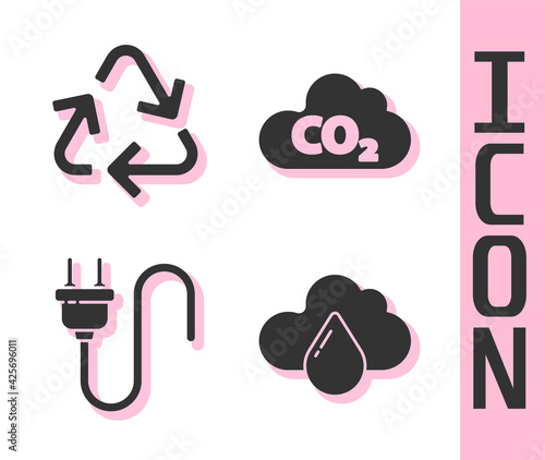 Set Cloud with rain, Recycle symbol, Electric plug and CO2 emissions in cloud icon. Vector
