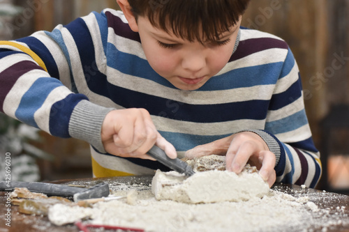Happy child digging the dinosaur and having fun with archaeology excavation kit. Boy plays an archaeologist excavated, training for dig fossil