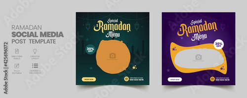 Ramadan food sale social media post and web banner template. Restaurant banner design with an editable discount for Ramadan Kareem