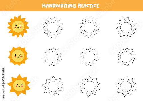 Trace the lines with cute suns. Writing practice.