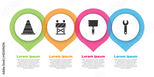 Set Traffic cone, Road barrier, Putty knife and Wrench spanner. Business infographic template. Vector