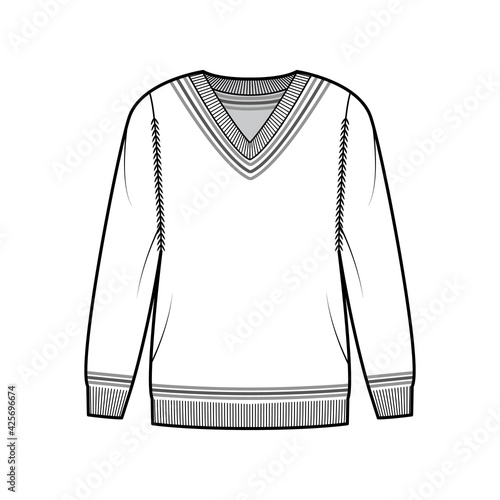 Cricket Sweater technical fashion illustration with stripes, rib V-neck, long sleeves, oversized, hip length, knit cuff trim. Flat apparel front, white color style. Women, men unisex CAD mockup